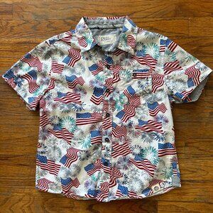 Boys Patriotic Flag & Fireworks Button-Up Shirt Short Sleeve Cotton Size 7